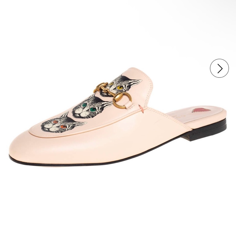 Authentic Gucci Cream / Pink Cat Embroidered Horsebit Leather Princetown Mules - Picture 6 of 14